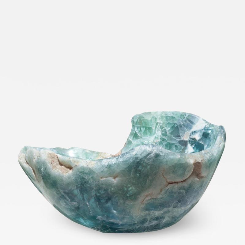 Contemporary Freeform Fluorite Green and Blue Banded Bowl