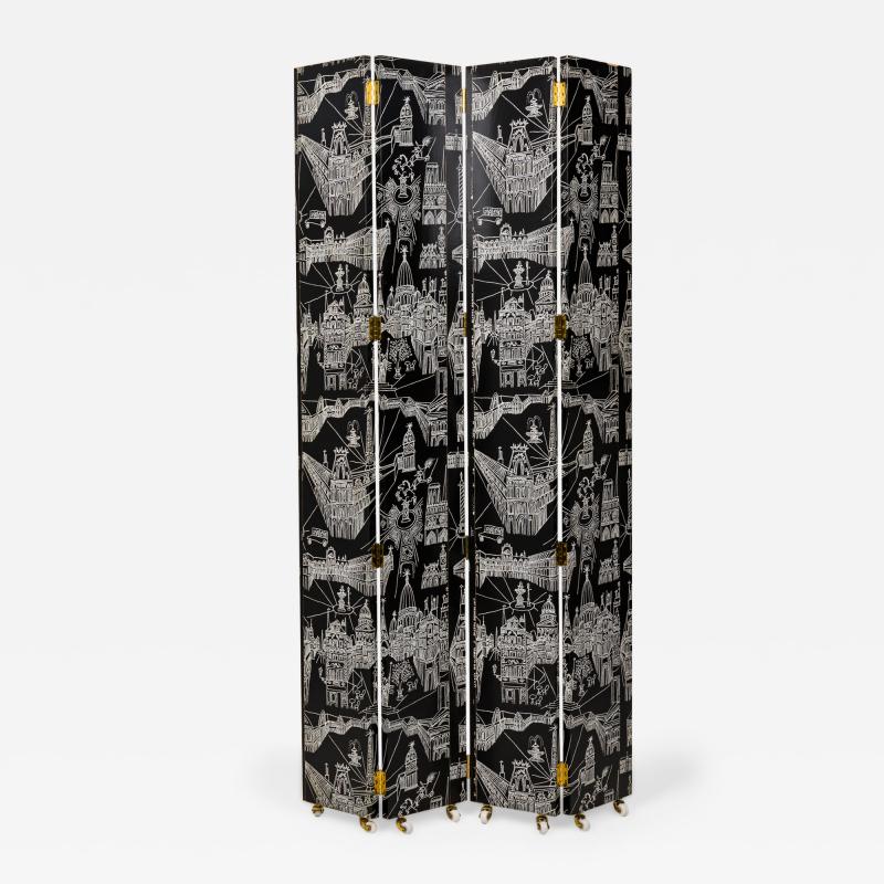Contemporary French Piazza Prints Black and White Rolling Screen