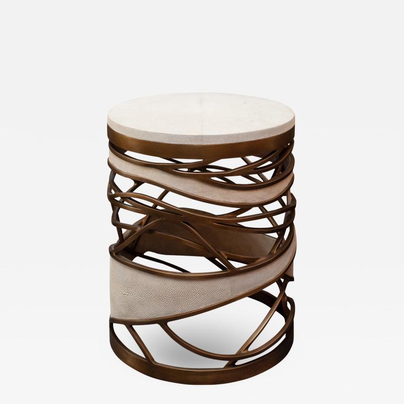 Contemporary Galaxy Side Table Stool in Creme Shagreen and Brass by Kifu Paris
