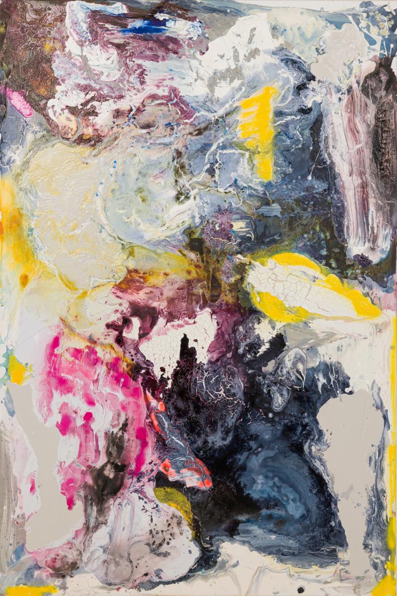 Contemporary Gray Purple and Yellow Abstract Oil Painting on Stretched Canvas