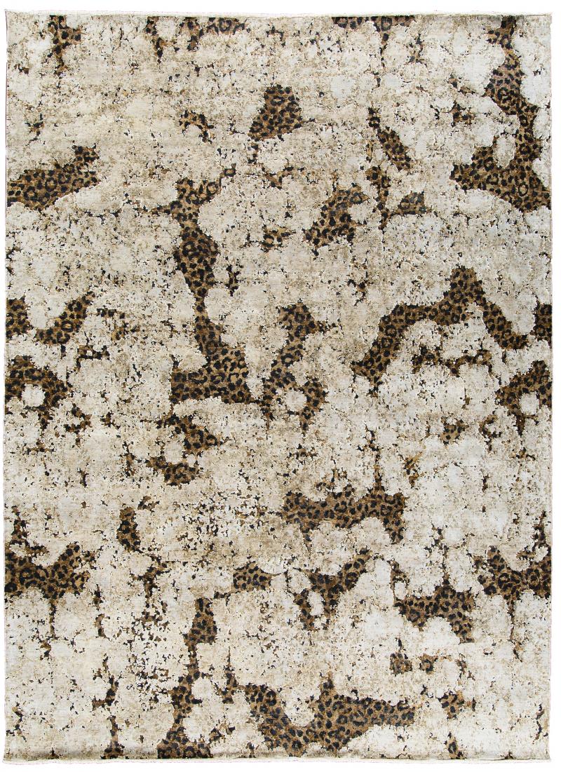 Contemporary Hand Knotted Leopard Wool and Silk Rug in Brown Cream and Black