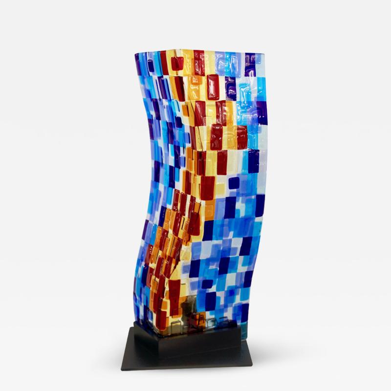 Contemporary Italian Aqua Blue Red Yellow Murano Glass Mosaic Sculpture Lamp