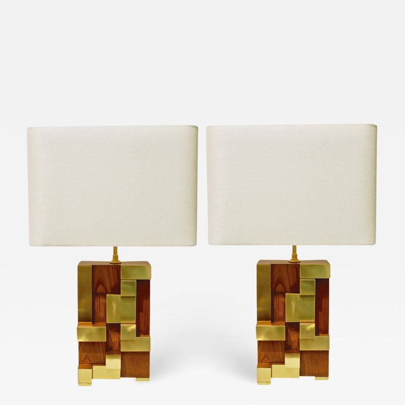 Contemporary Italian Architectural Pair of Stepped Wood and Brass Urban Lamps