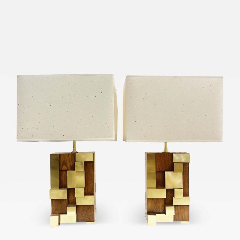 Contemporary Italian Architectural Pair of Stepped Wood and Brass Urban Lamps