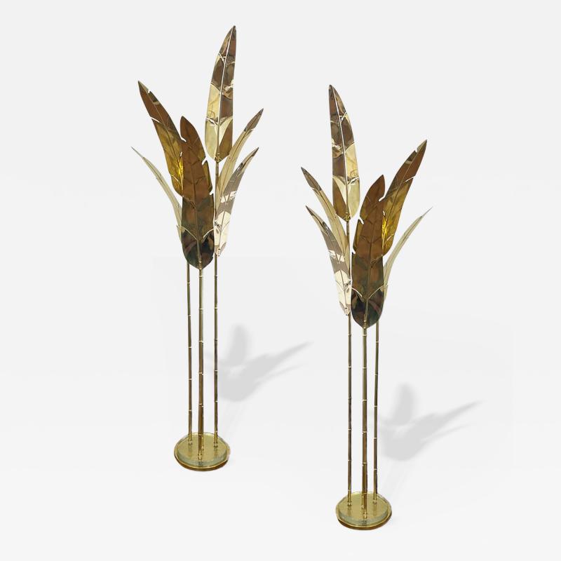 Contemporary Italian Art Deco Design Palm Tree Pair of 7 Leaf Brass Floor Lamps