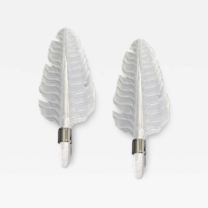 Contemporary Italian Art Deco Pair of White Murano Glass Nickel Leaf Sconces
