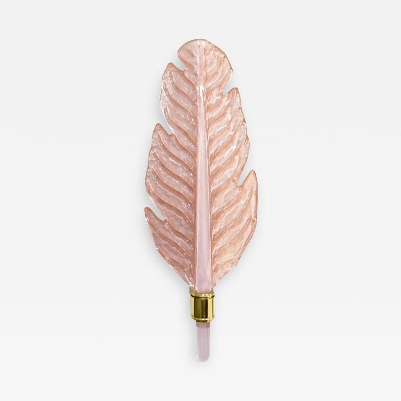 Contemporary Italian Art Deco Pink Murano Glass Brass Feather Leaf Wall Light