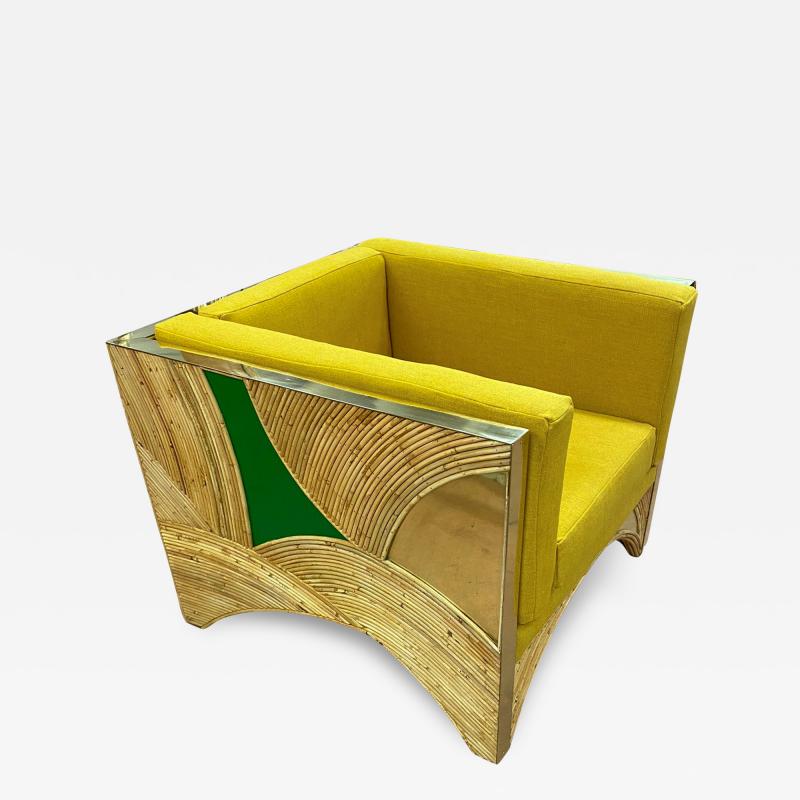 Contemporary Italian Bamboo Armchair with Green Brass Details Yellow Fabric