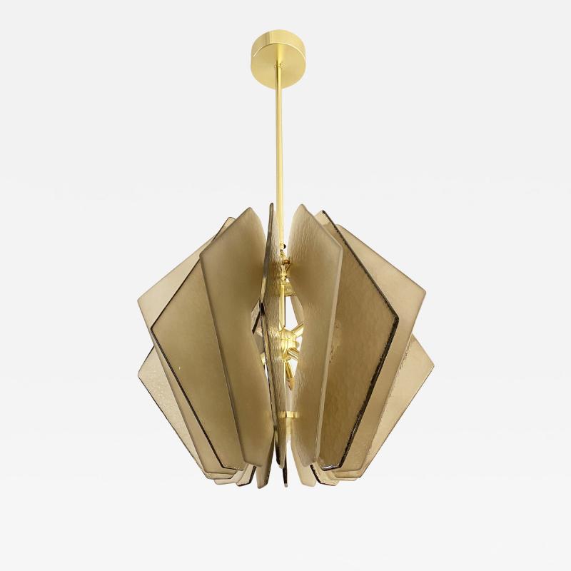 Contemporary Italian Beige Textured Murano Glass Satin Brass Pendant Chandelier