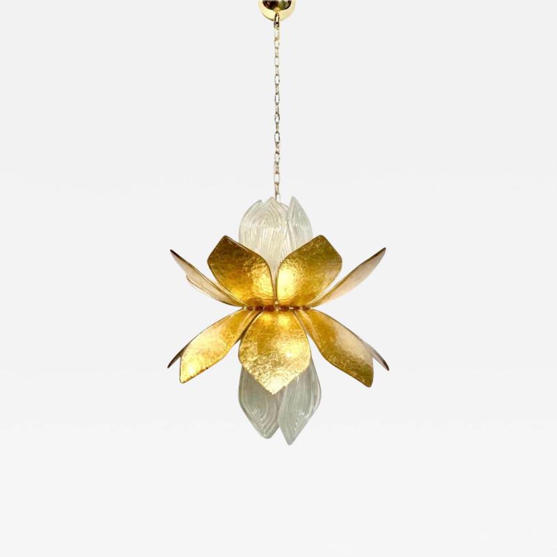 Contemporary Italian Brass Gold Leaf Murano Glass Flower Chandelier Pendant