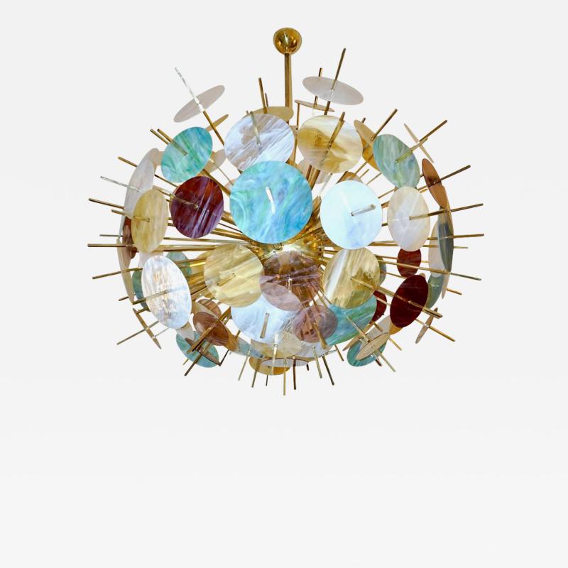 Contemporary Italian Brass Pastel Colored Murano Glass Oval Sputnik Chandelier