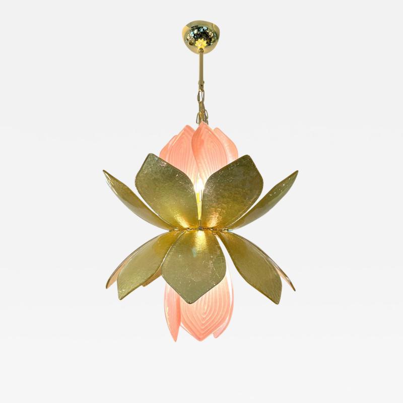 Contemporary Italian Brass Pink Gold Leaf Murano Glass Flower Chandelier Pendant