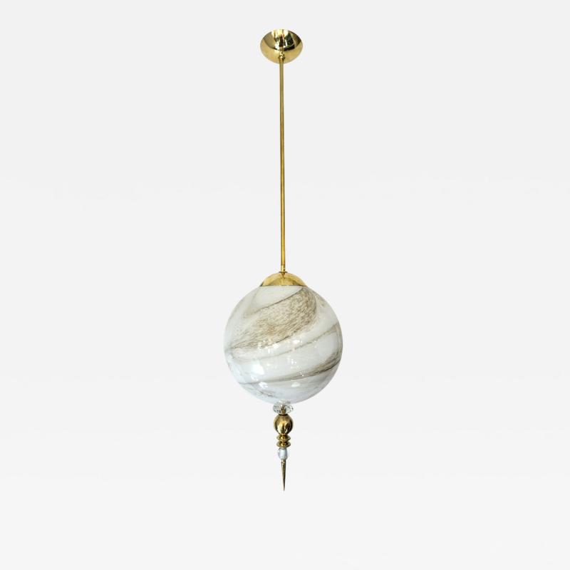 Contemporary Italian Brass and Cream White Alabaster Glass Round Pendant Light