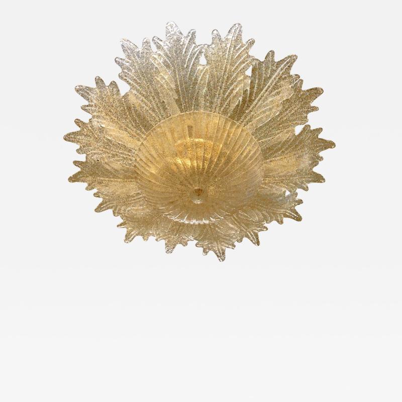 Contemporary Italian Custom Amber Textured Murano Glass Brass Flower Flush Mount