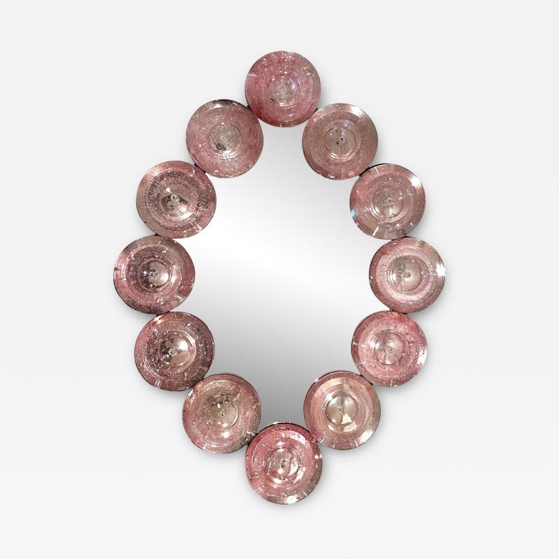 Contemporary Italian Custom Blush Pink Murano Glass Disc Modern Oval Mirror