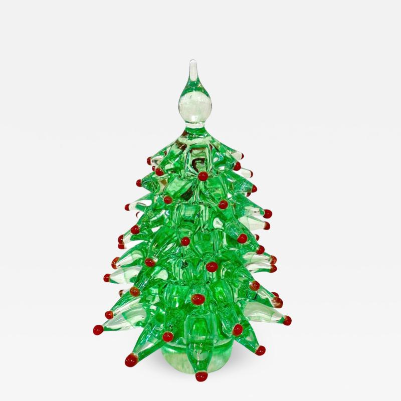 Contemporary Italian Emerald Green Red Murano Glass Christmas Tree Sculpture