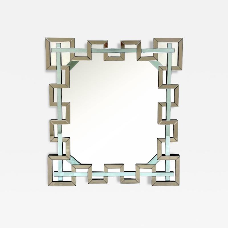 Contemporary Italian Geometric Murano Glass Mirror with Aqua Green Ribbon Decor