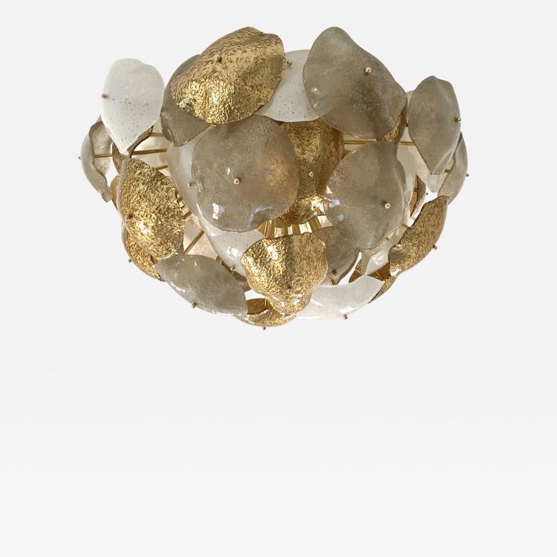 Contemporary Italian Gold Silver White Scavo Murano Glass Round Leaf Flushmount
