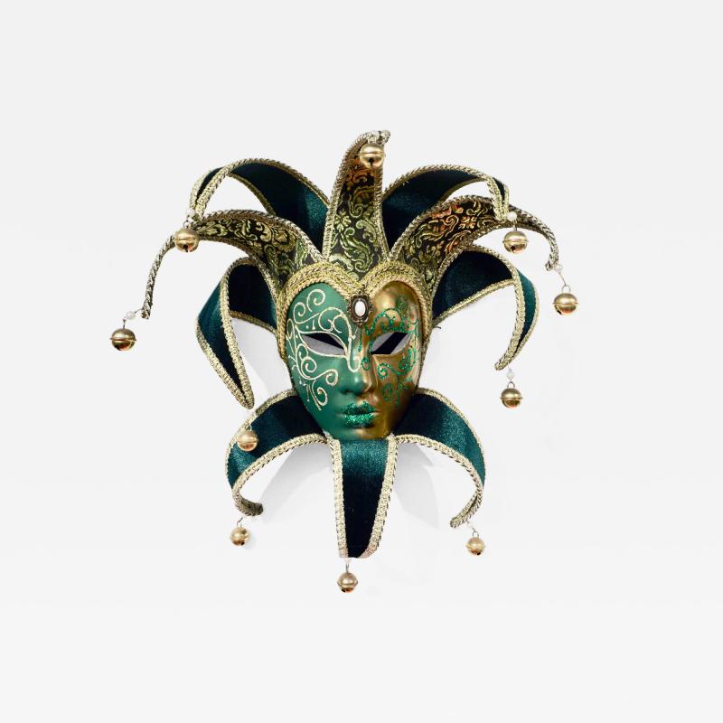 Contemporary Italian Green Gold Venice Modern Mask With Jester Collar And Bells