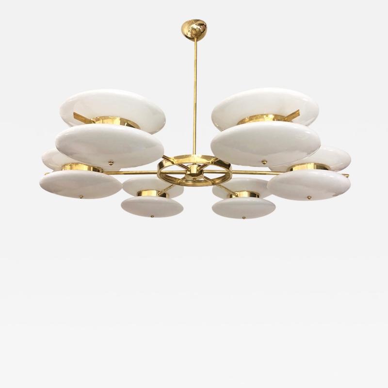 Contemporary Italian Minimalist Brass and White Murano Glass Globe Chandelier