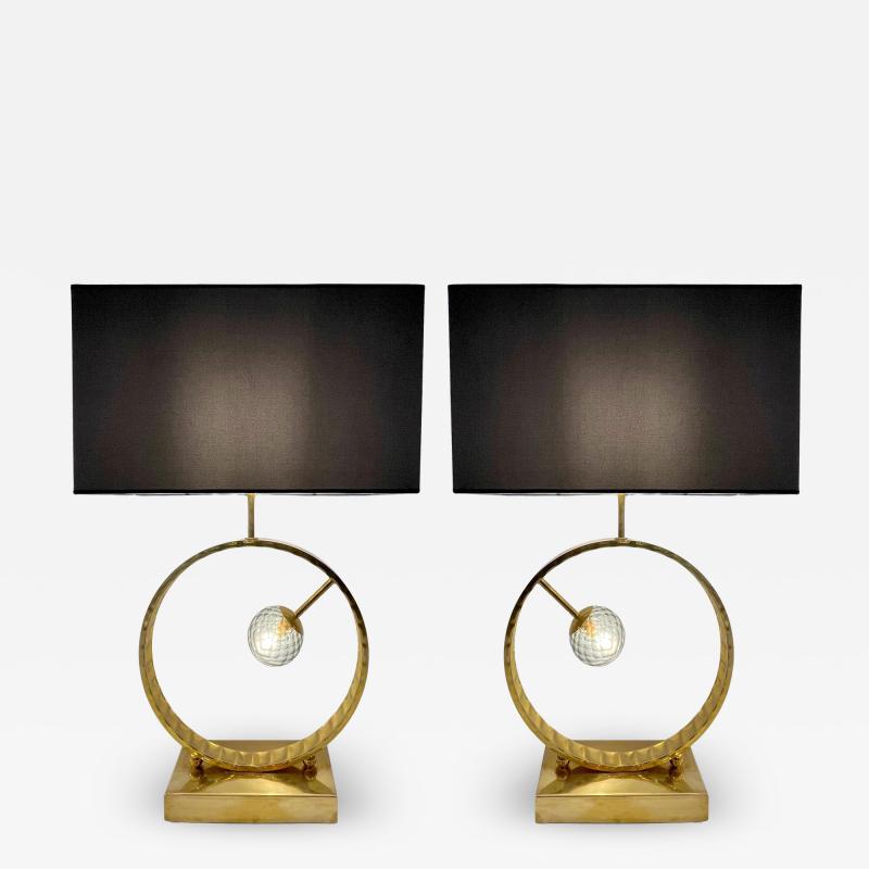 Contemporary Italian Monumental Pair of Brass Smoked Murano Glass Table Lamps