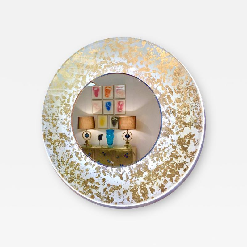 Contemporary Italian Organic Modern Ivory White and Gold Leaf Round Lit Mirror