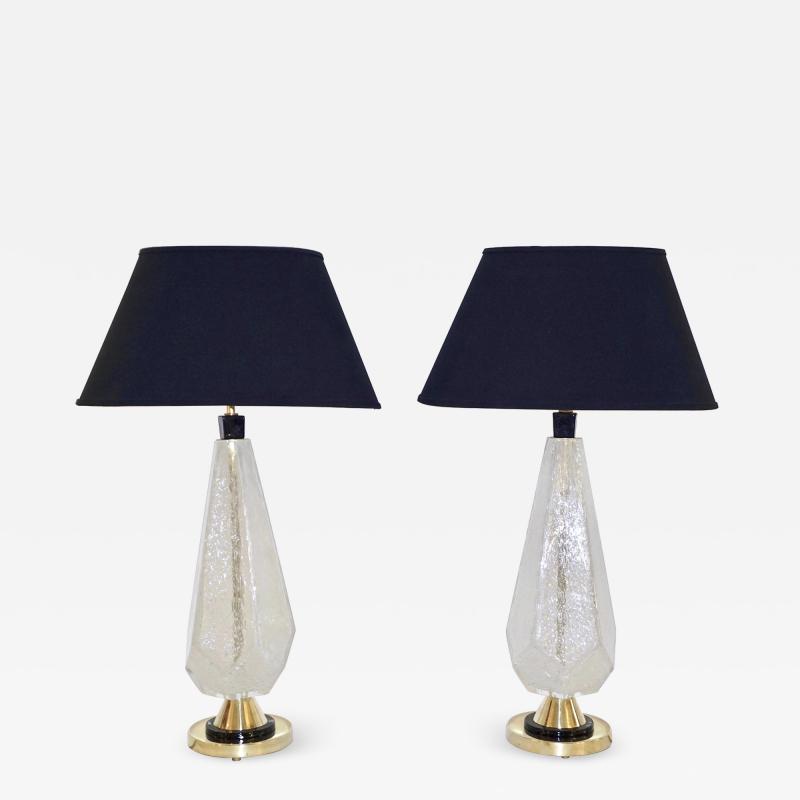 Contemporary Italian Pair of Diamond Cut Black and Crystal Murano Glass Lamps