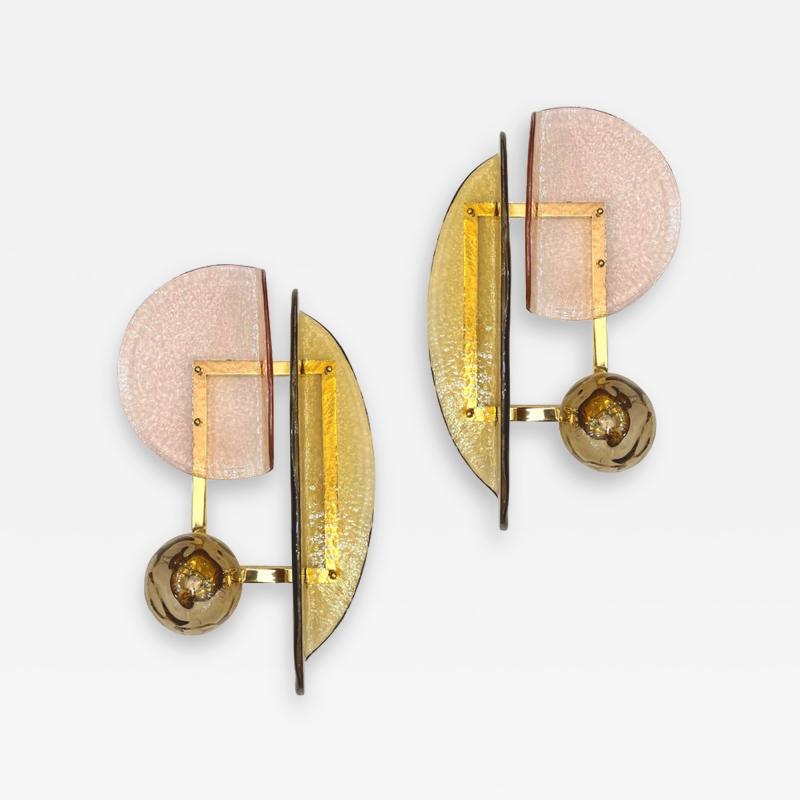 Contemporary Italian Pair of Organic Pink Amber Murano Glass Gold Brass Sconces