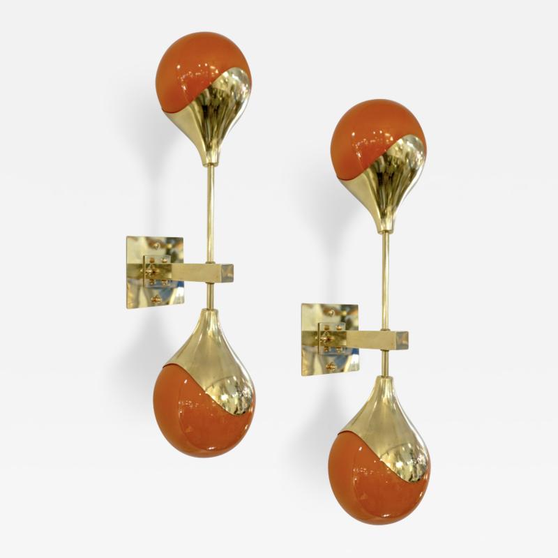 Contemporary Italian Pair of Two Globe White Orange Murano Glass Brass Sconces