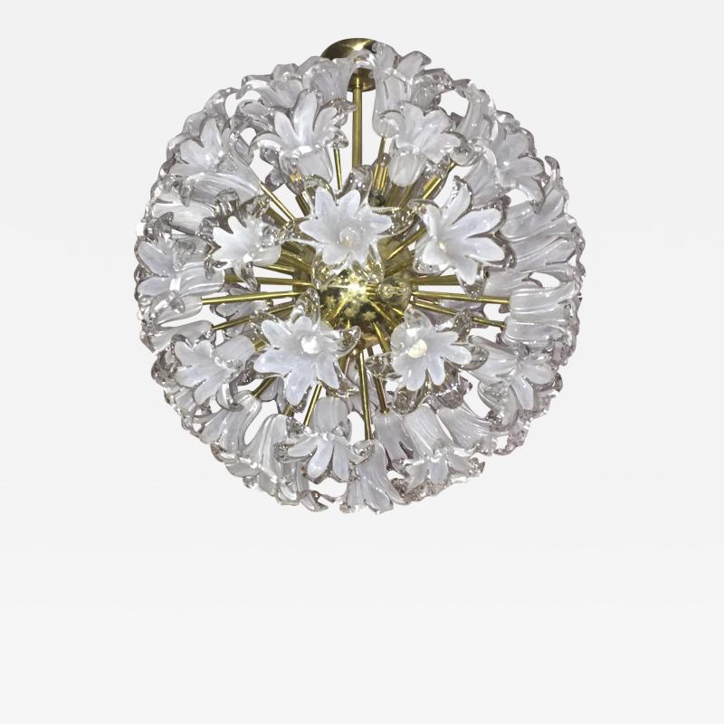 Contemporary Italian White Murano Glass and Brass Sputnik Bud Flower Chandelier