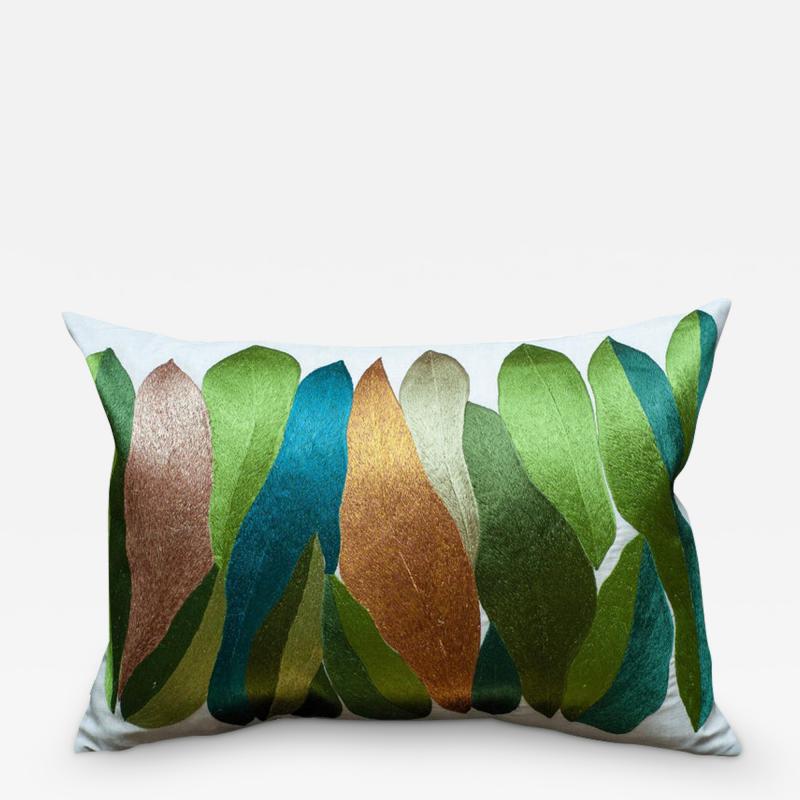 Contemporary Large Embroidered Pillow with Green and Gold Leaves on Linen