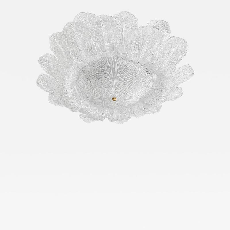 Contemporary Large Italian Clear Murano Glass Leaf Flush Mount Ceiling Light