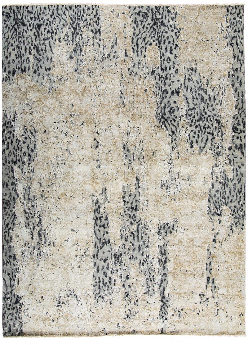 Contemporary Leopard Wool and Silk Wool Rug in Gray Cream and Black