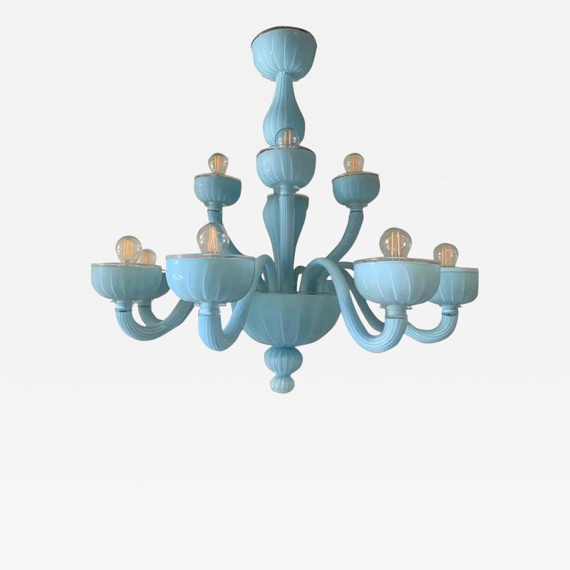 Contemporary Matte Light Blue Murano Style Glass Chandelier