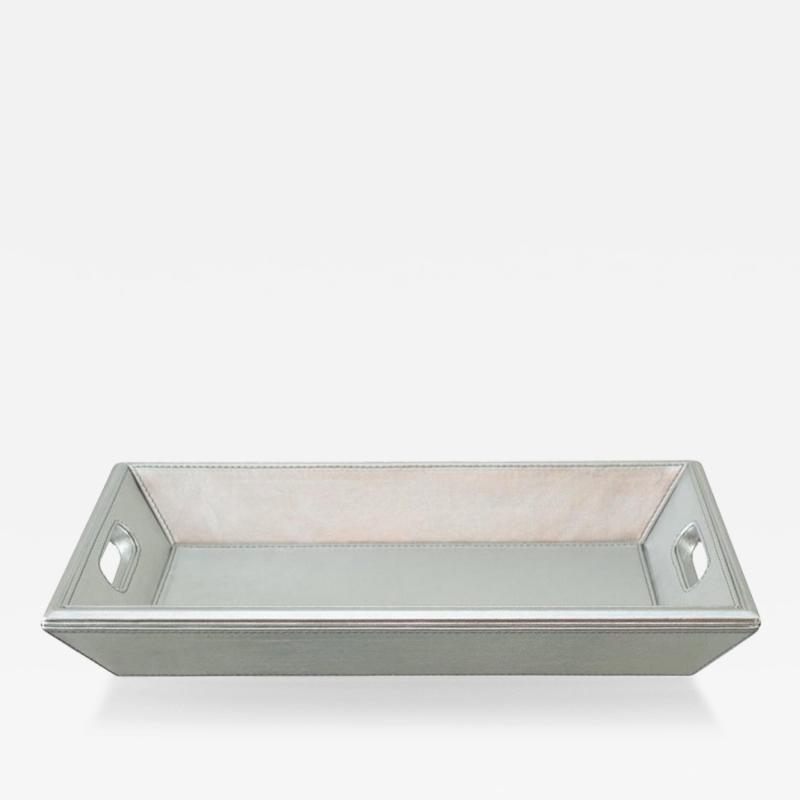 Contemporary Metallic Silver Leather Rectangular Tray