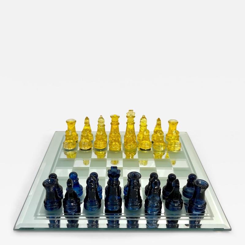 Contemporary Minimalist Blue Yellow Murano Glass Chess Set on Mirrored Board