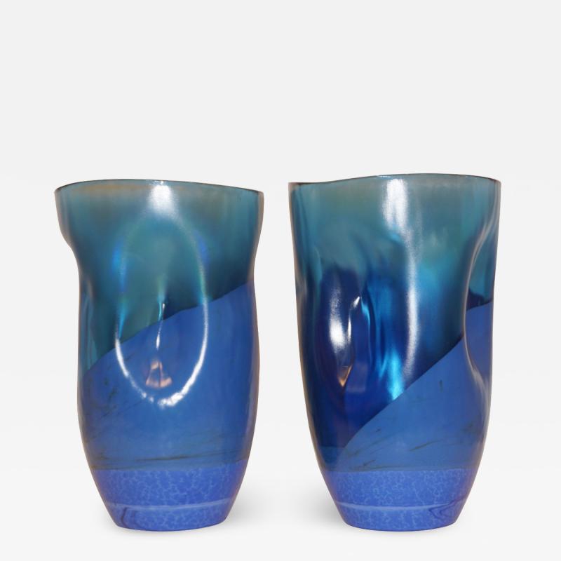 Contemporary Minimalist Iridiscent Royal Blue Murano Glass Pair of Modern Vases