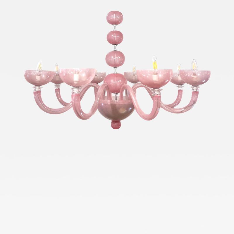 Contemporary Minimalist Italian 8 Arm Pink Murano Glass Modern Nickel Chandelier