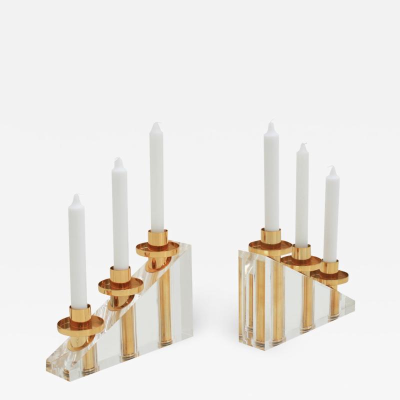 Contemporary Modern French Brass and Methacrylate Pair of Candelabras