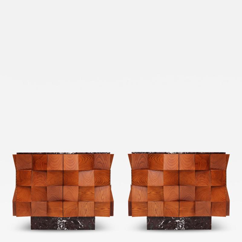 Contemporary Modern Pair of Sideboards in Wood and Burgundy Marble Top Italy