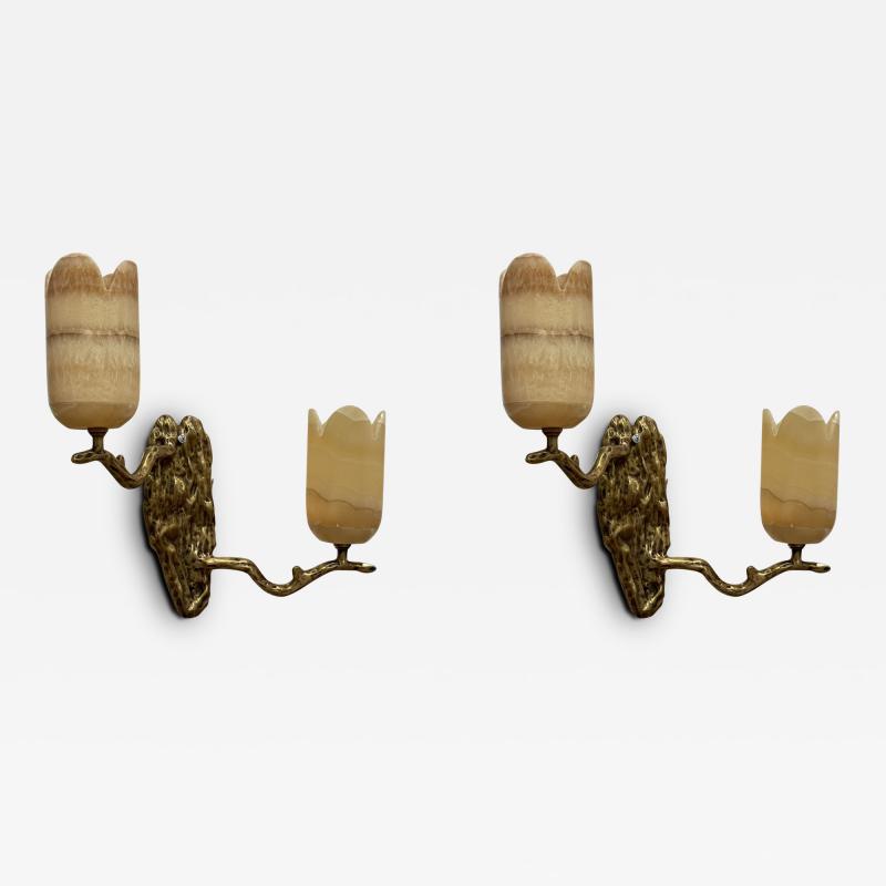 Contemporary Modern Wall Sconces Branch Motif Bronze Marble 21st C 