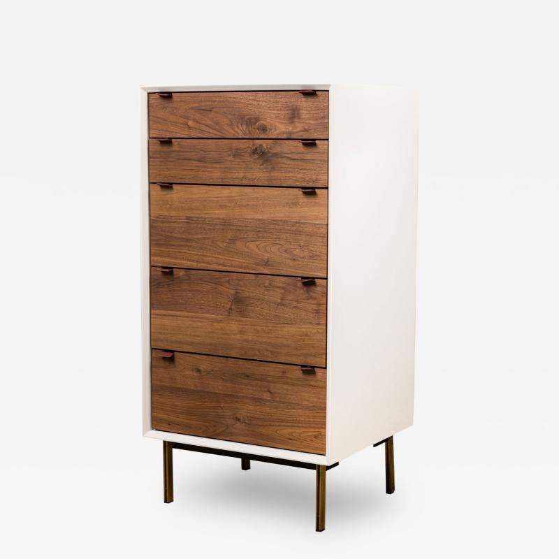 Contemporary Modern White Lustrosa Cabinet and Natural Wood 5 Drawer Chest