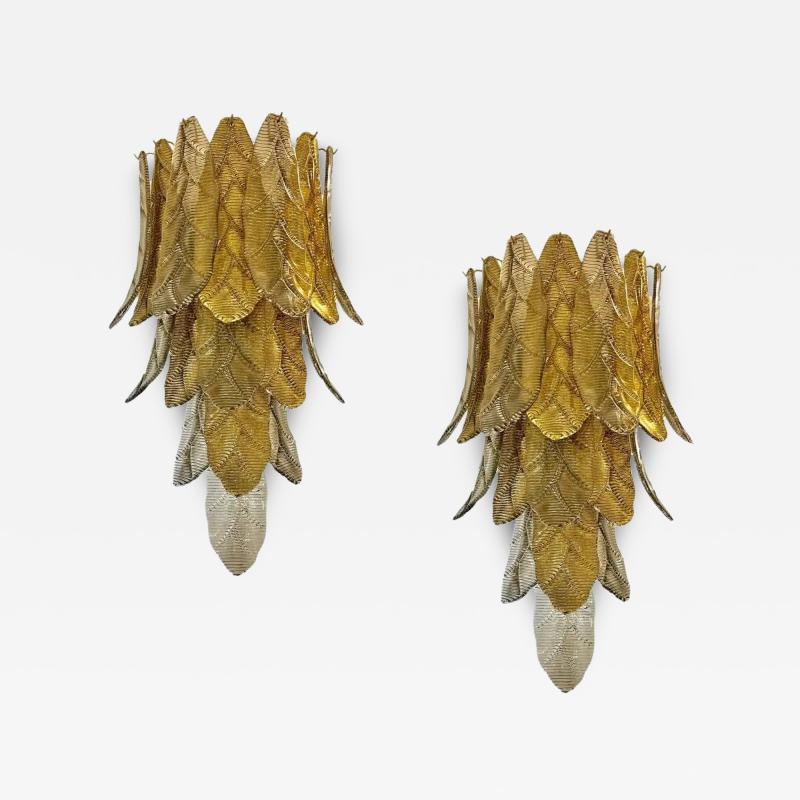 Contemporary Monumental Tall Cascading Smoked Gold Murano Glass Leaf Wall Lights