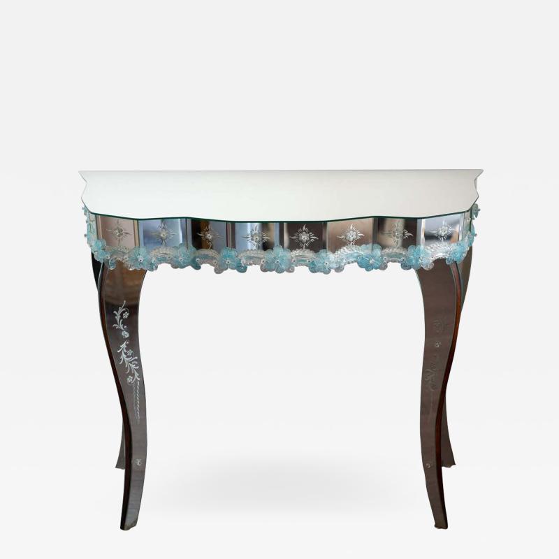 Contemporary Murano Mirrored Console Table with Blue Hand Blown Flowers