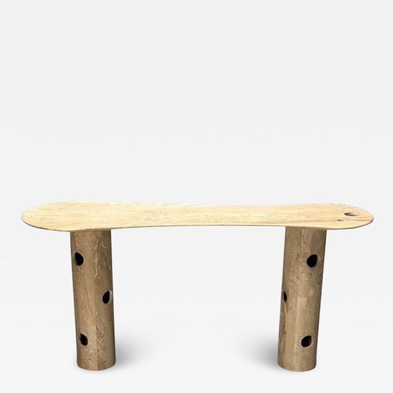 Contemporary Organic Modern Console Table Double Pedestal Beige Marble