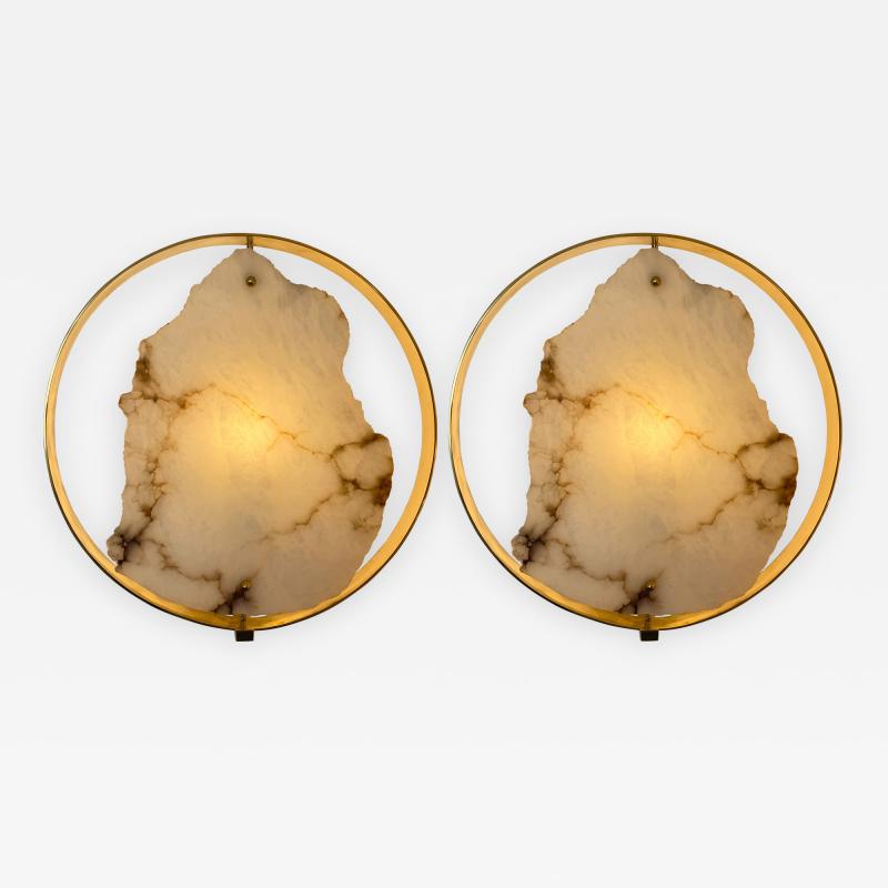 Contemporary Pair of Alabaster Circle Brass Sconces Italy