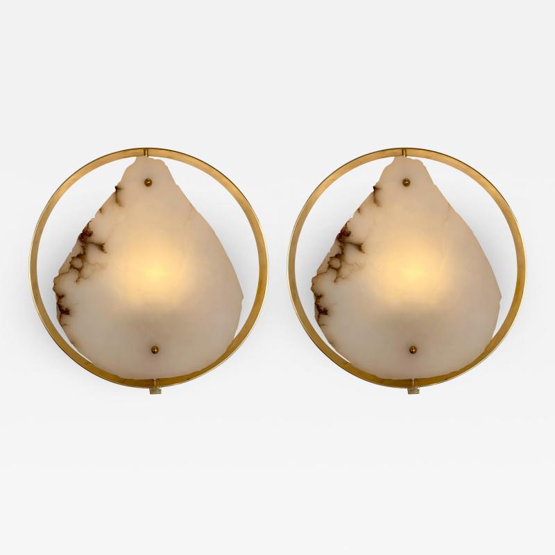 Contemporary Pair of Alabaster Circle Brass Sconces Italy