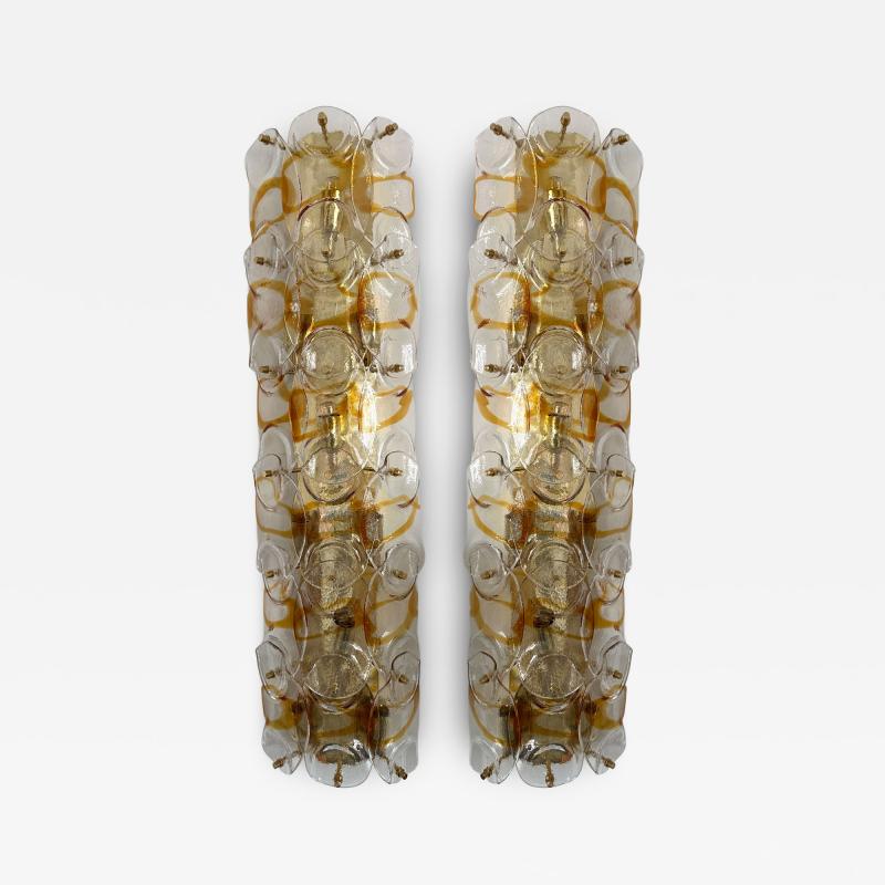Contemporary Pair of Amber Pennellate Murano Glass and Brass Sconces Italy