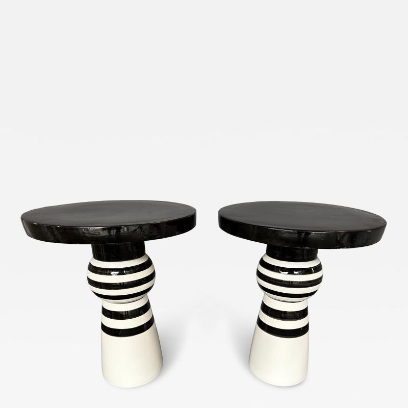 Contemporary Pair of Black and White Ceramic Stripe Side Tables Italy