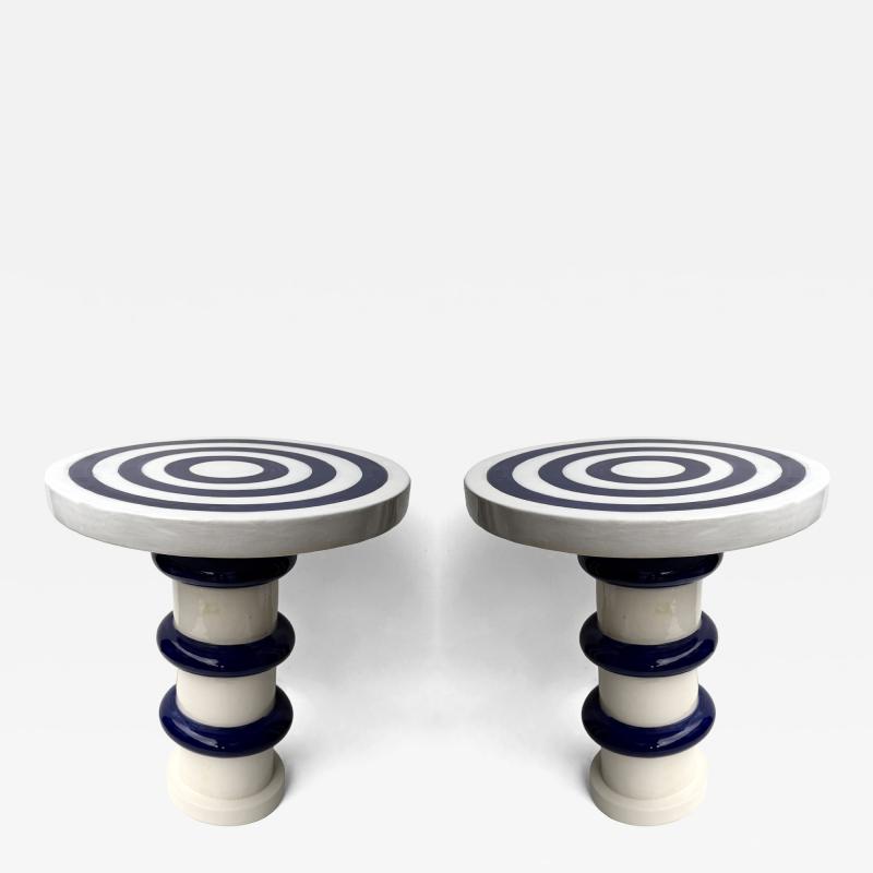 Contemporary Pair of Blue and White Ceramic Stripe Side Tables Italy